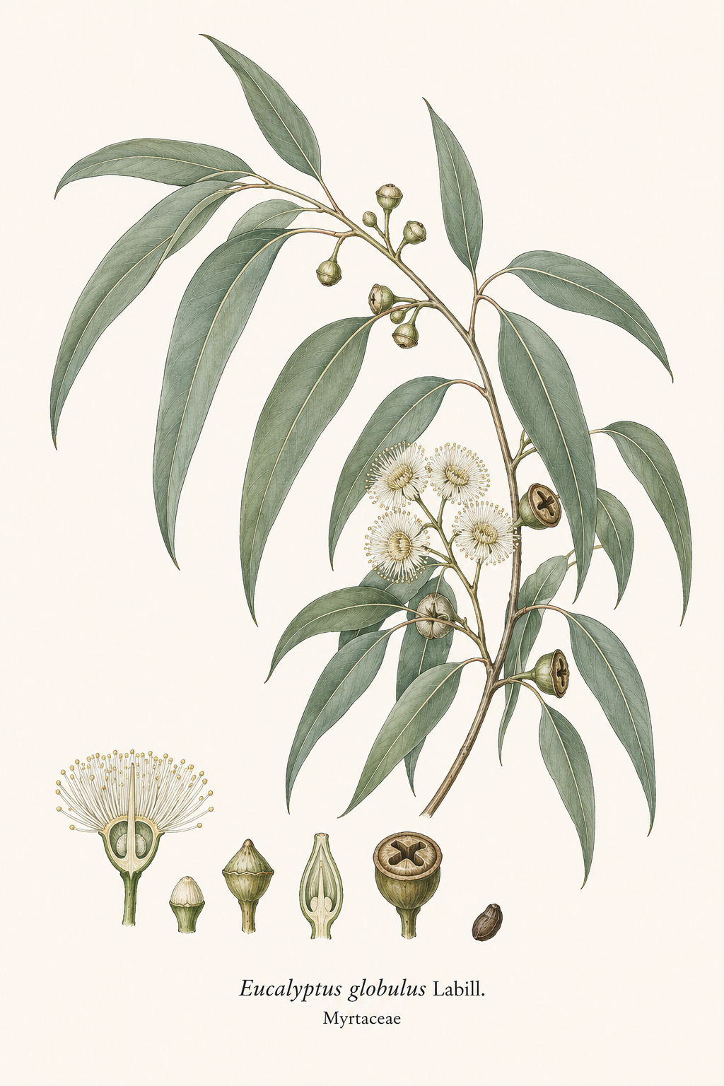 Eucalyptus Globulus botanical illustration