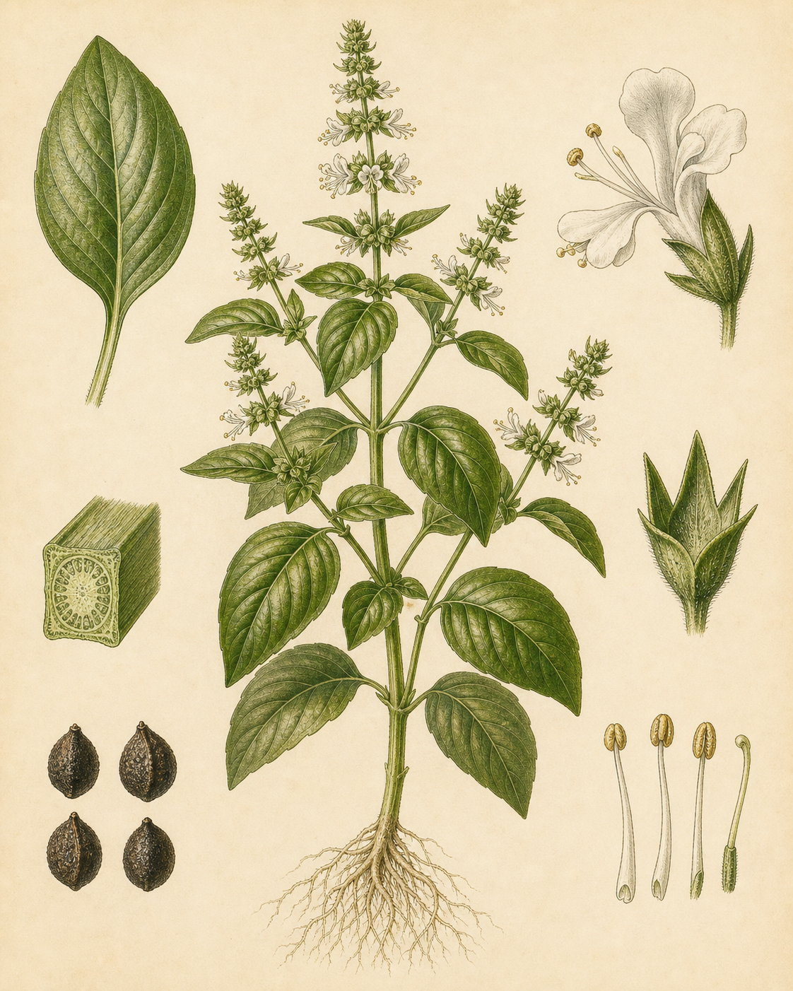 European Basil, Linalool Chemotype botanical illustration