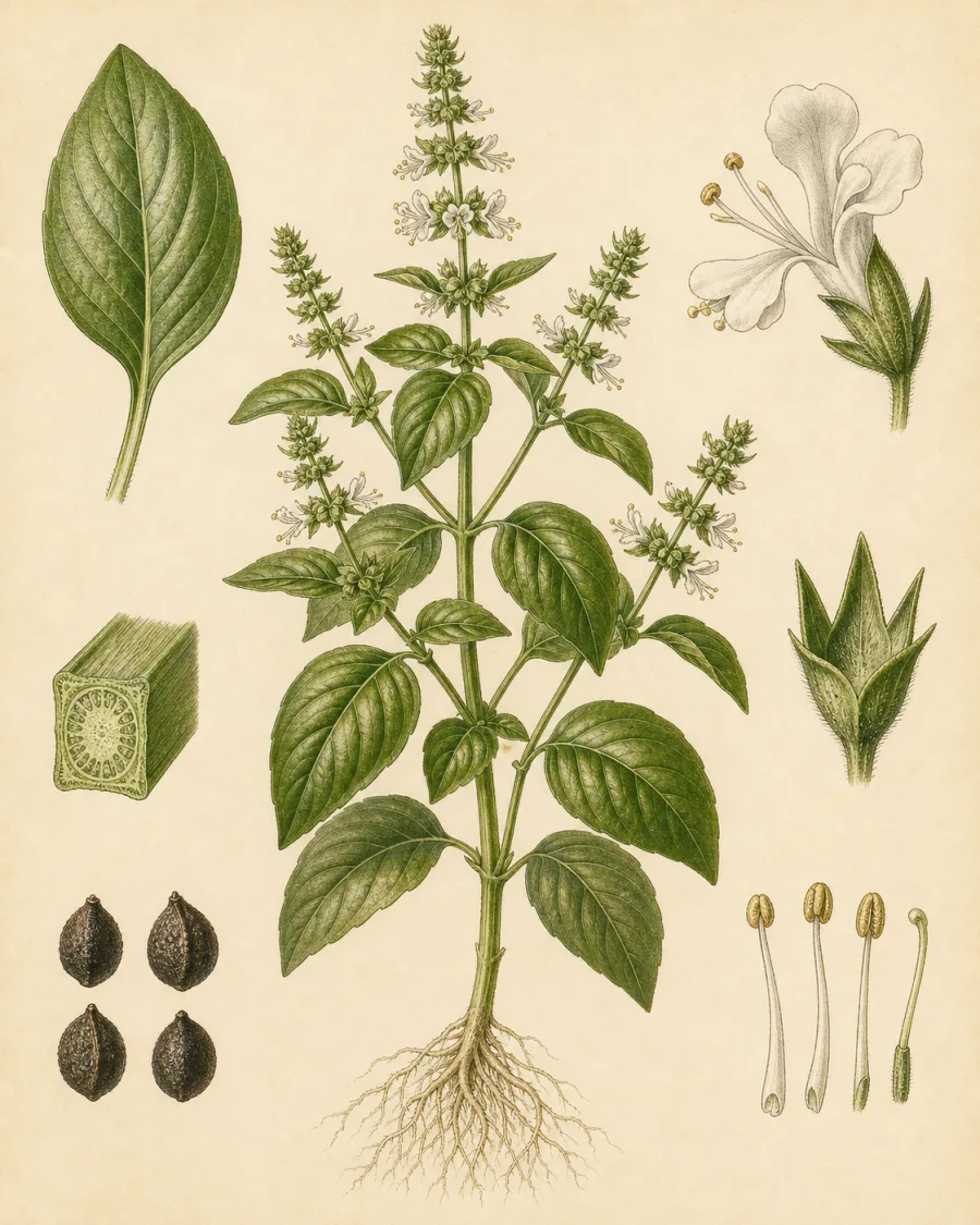 European Basil, Linalool Chemotype botanical illustration