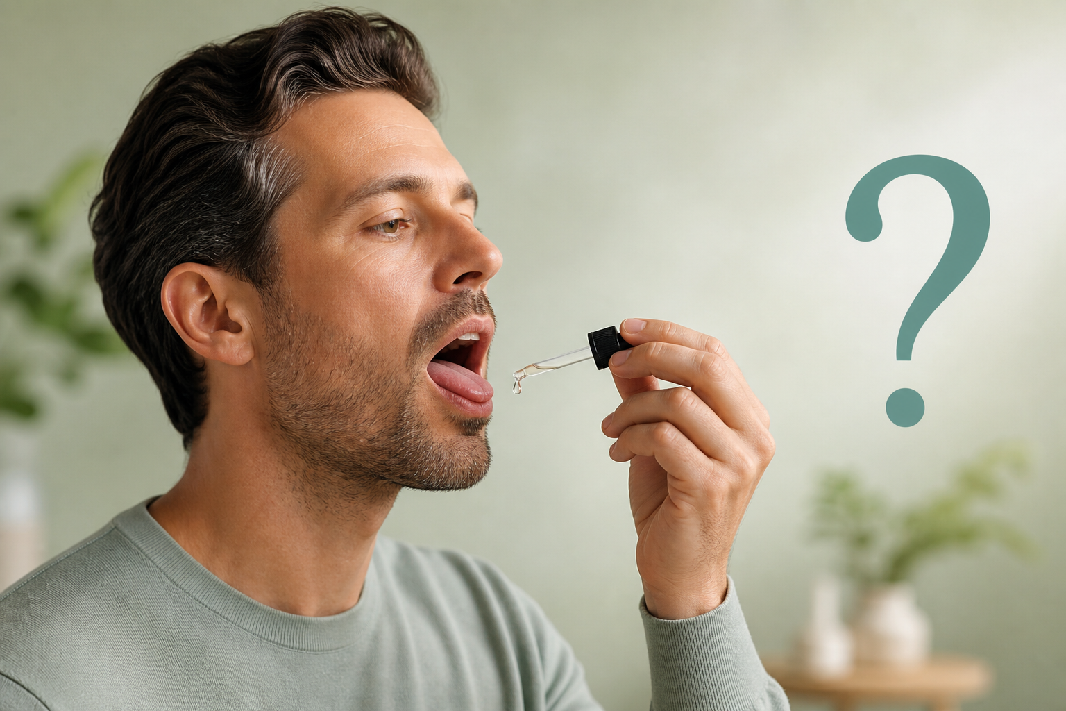Peppermint oil and breathing question with man holding oral dropper